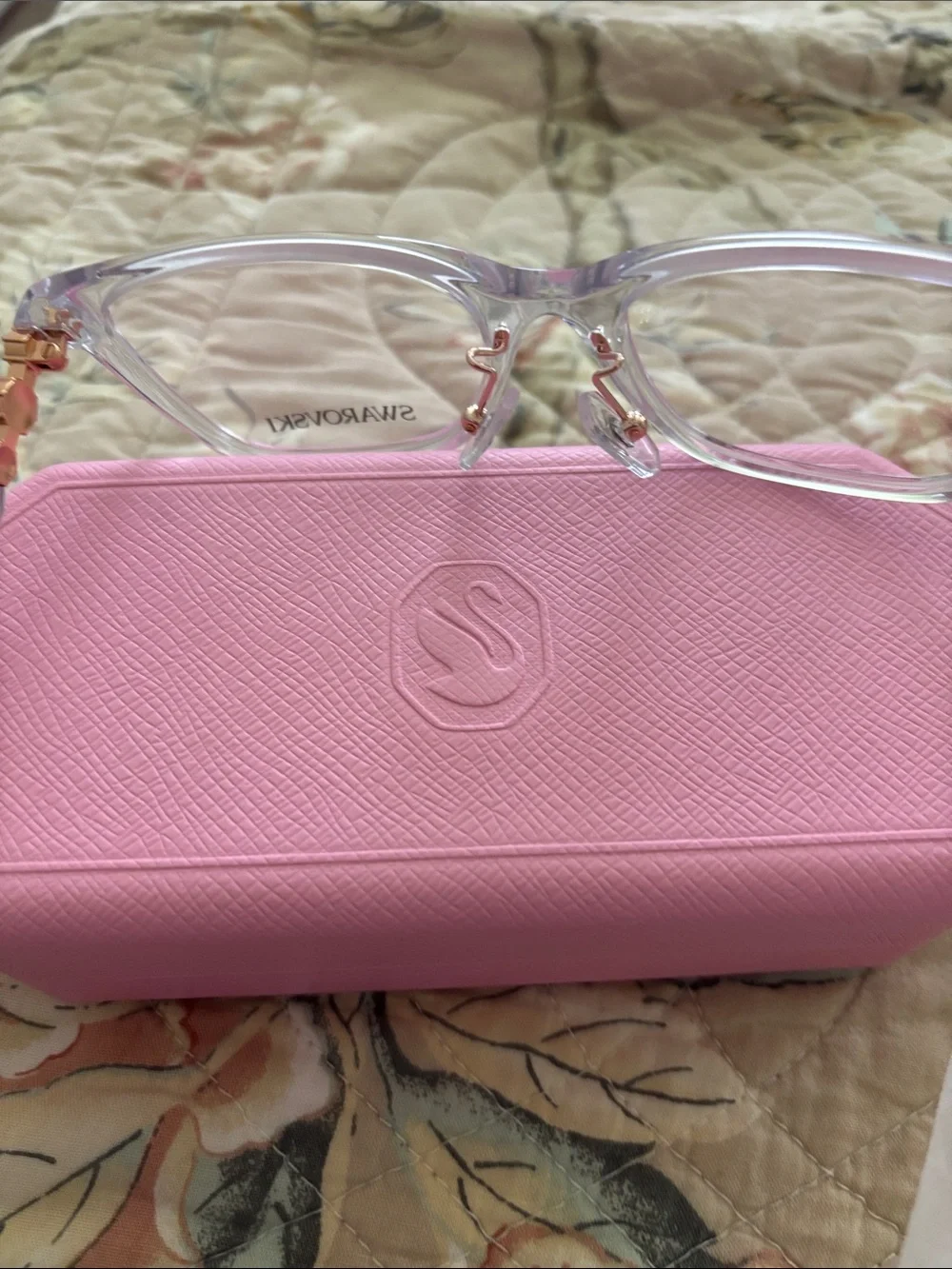 Swarovski Clear Frame Glasses with Pink Hard Case and Gold Accents